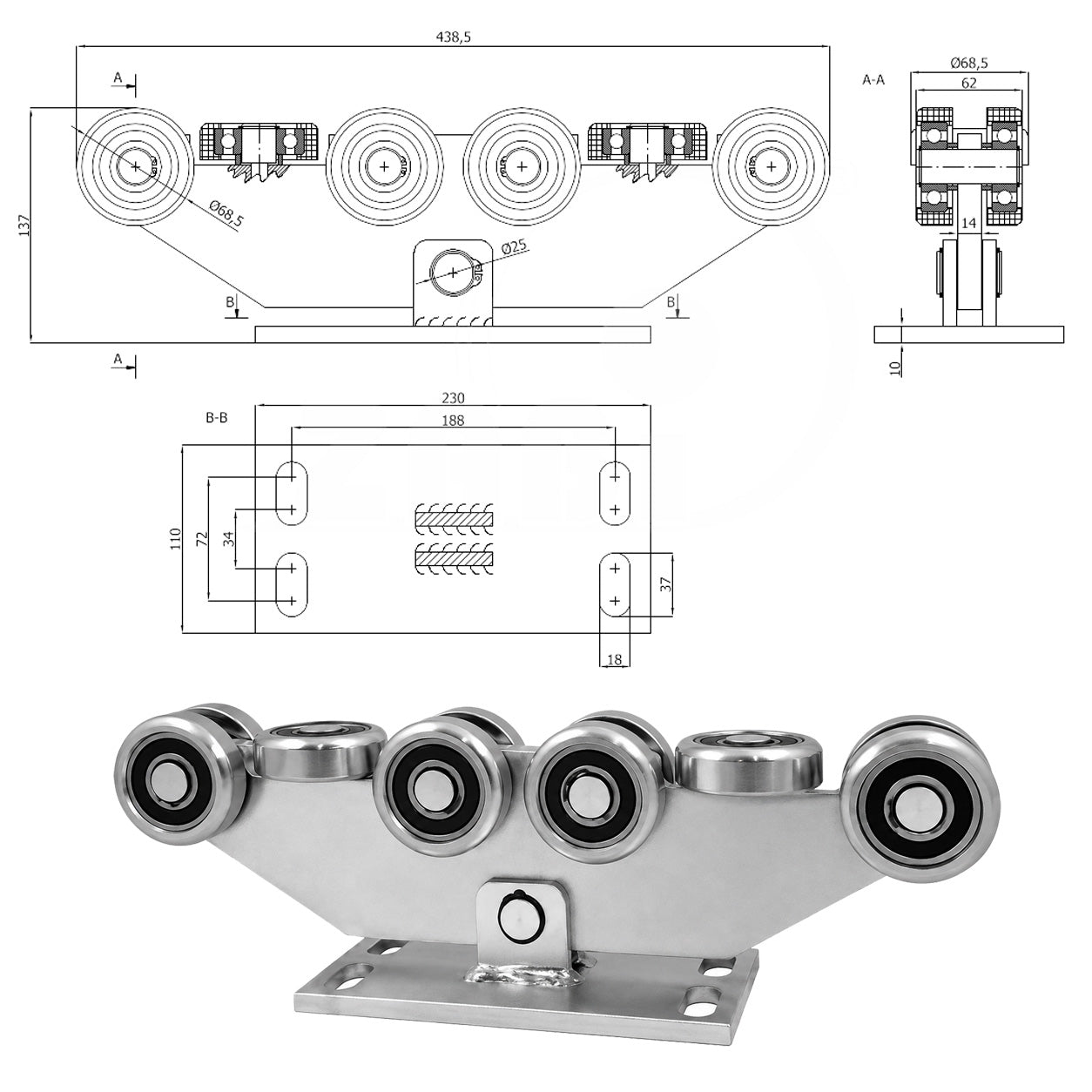 Torwagen für Schiebetore - für Profile 80 x 80 mm - Wandstärke 5 mm: W-10MM-80