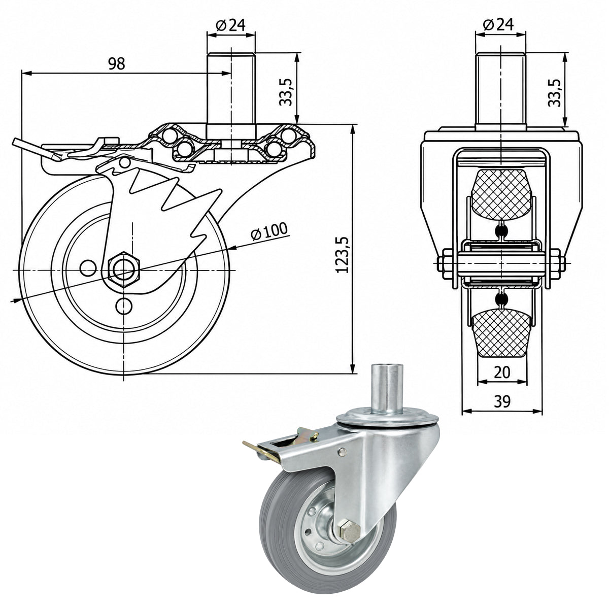Metall-Gummiräder mit Befestigungsstift und Bremse Lenkrollen  Ø100 mm Code: 16SH*24