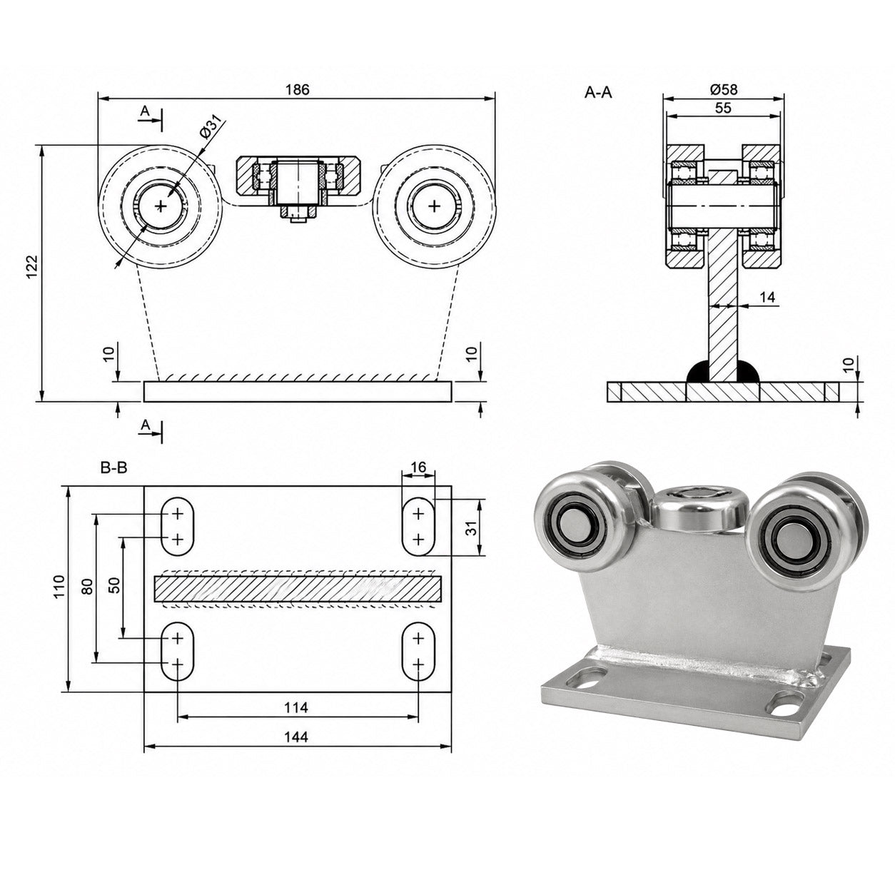 Torwagen für Schiebetore bis 180 °C – für Profile 70 × 70 mm – Wandstärke 4 mm: 5MM-70E