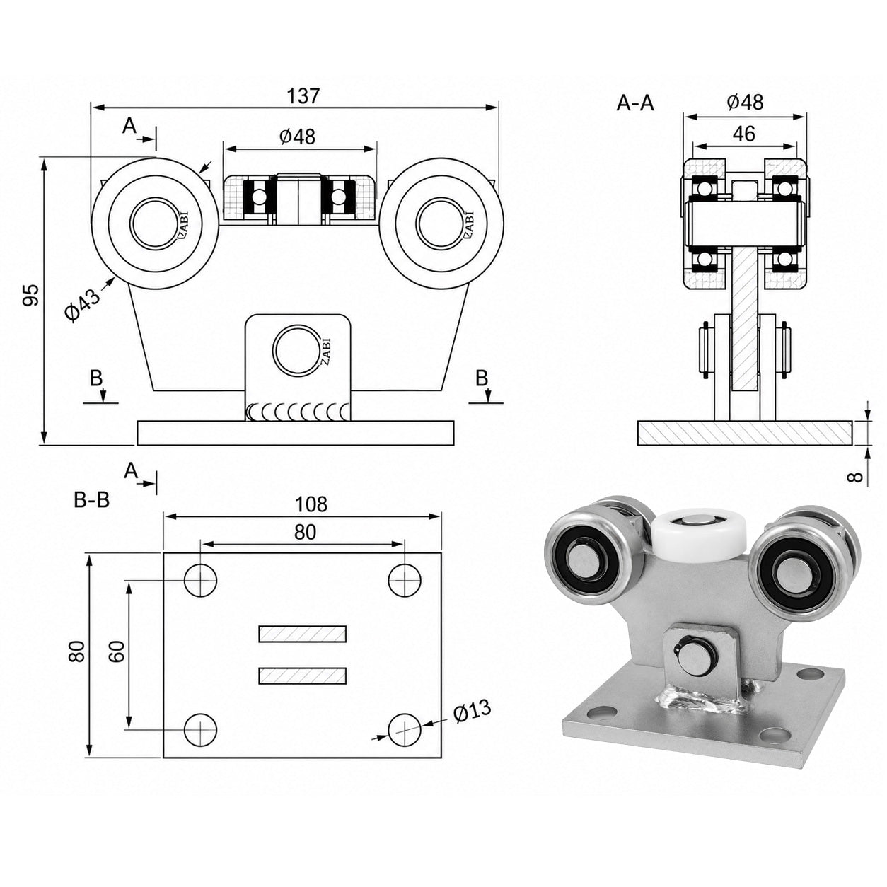 Torwagen für Schiebetore - für Profile 50x55 mm - Wandstärke 2,5 mm: W-5M-50/55