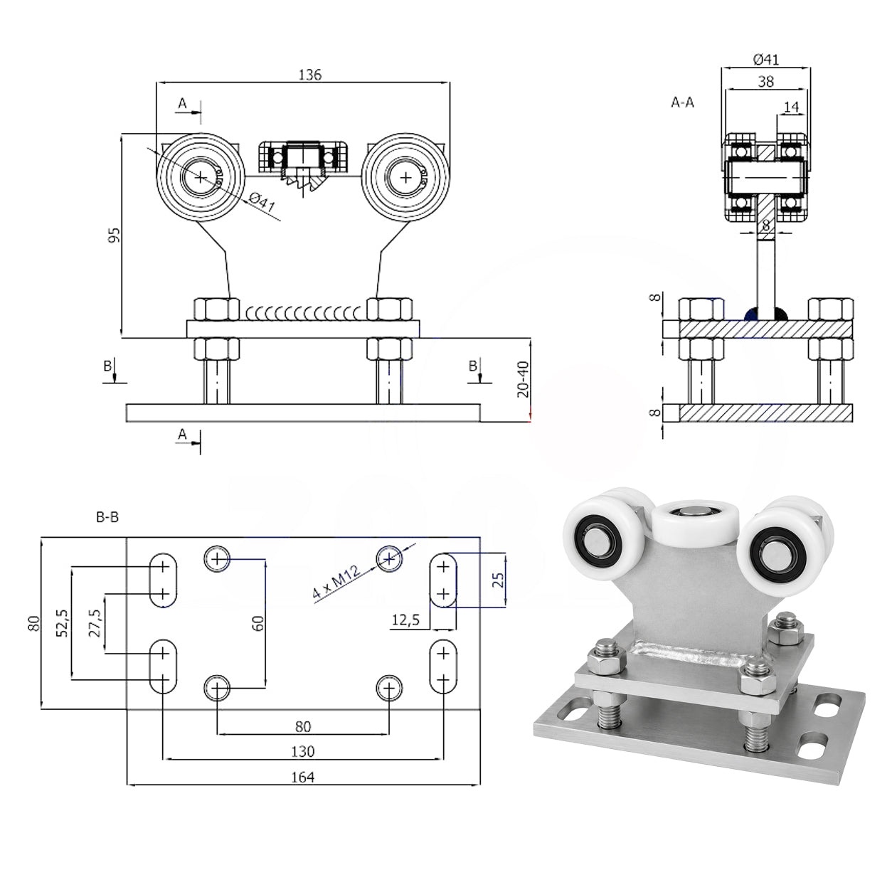 Torwagen für Schiebetore - für Profile 50 x 50 mm - Wandstärke 4 mm: R-5T-50/4