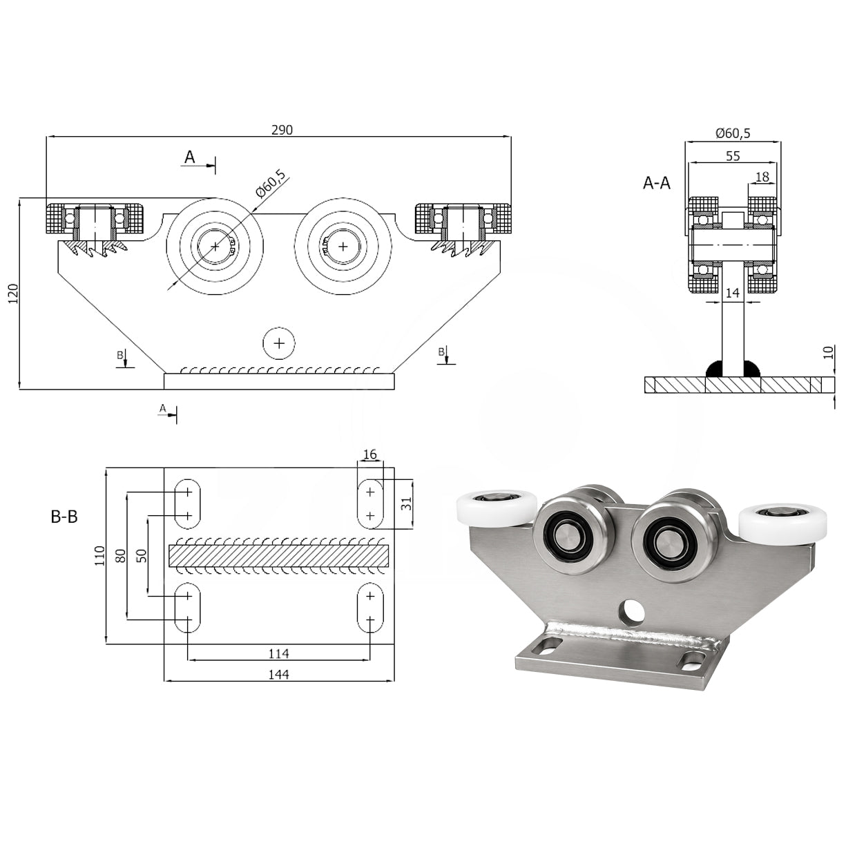 Torwagen für Schiebetore - für Profile 70 x 70 mm - Wandstärke 4 mm: 6M-70