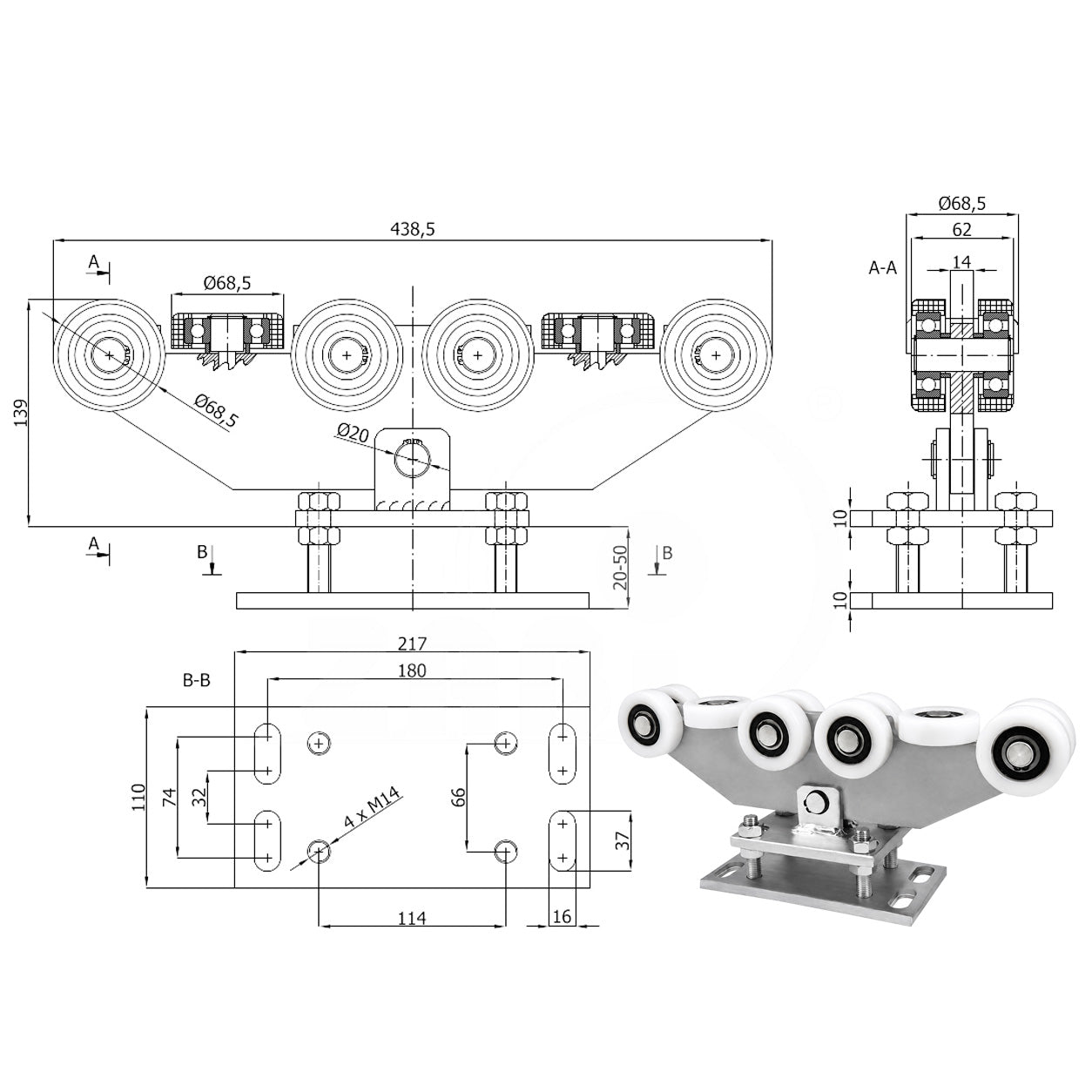Torwagen für Schiebetore - für Profile 80 x 80 mm - Wandstärke 5 mm: WR-10T-80
