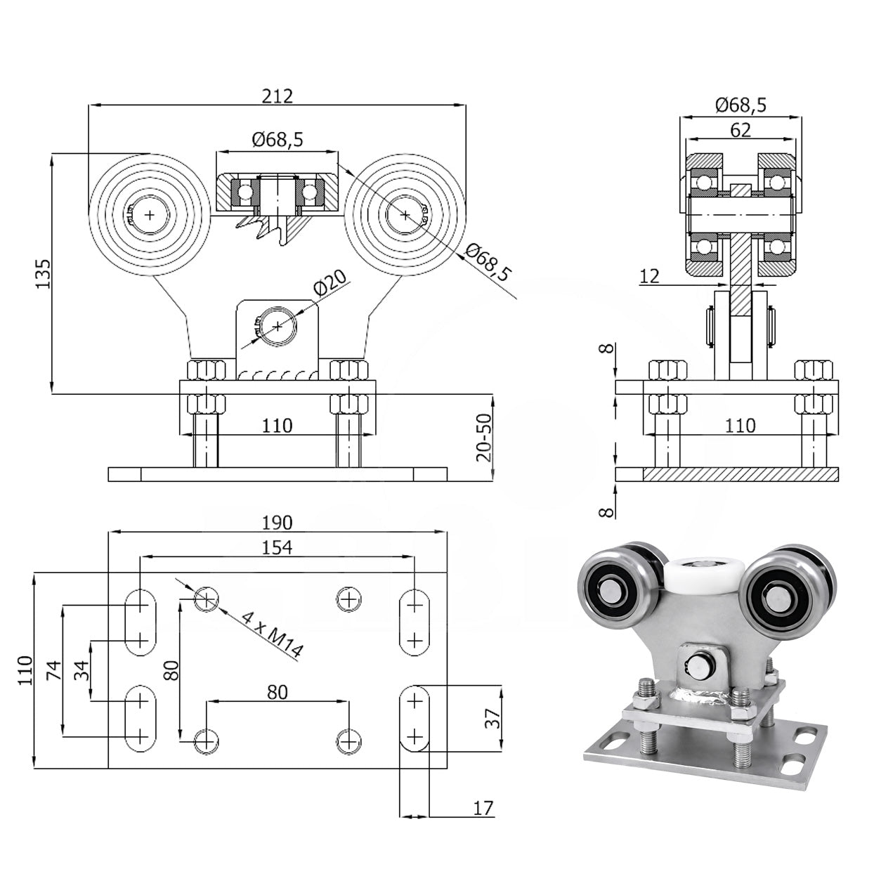 Torwagen für Schiebetore - für Profile 80 x 80 mm - Wandstärke 5 mm: WR-5M-80M