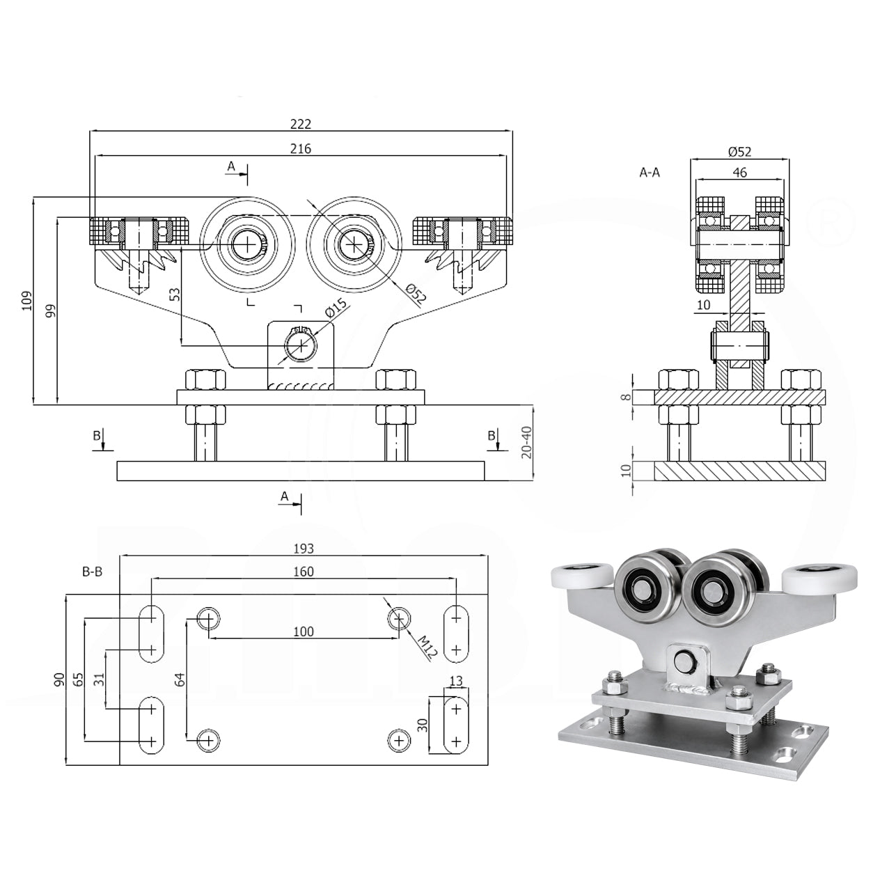 Torwagen für Schiebetore - für Profile 60 x 60 mm - Wandstärke 3 mm: WR-6M-60