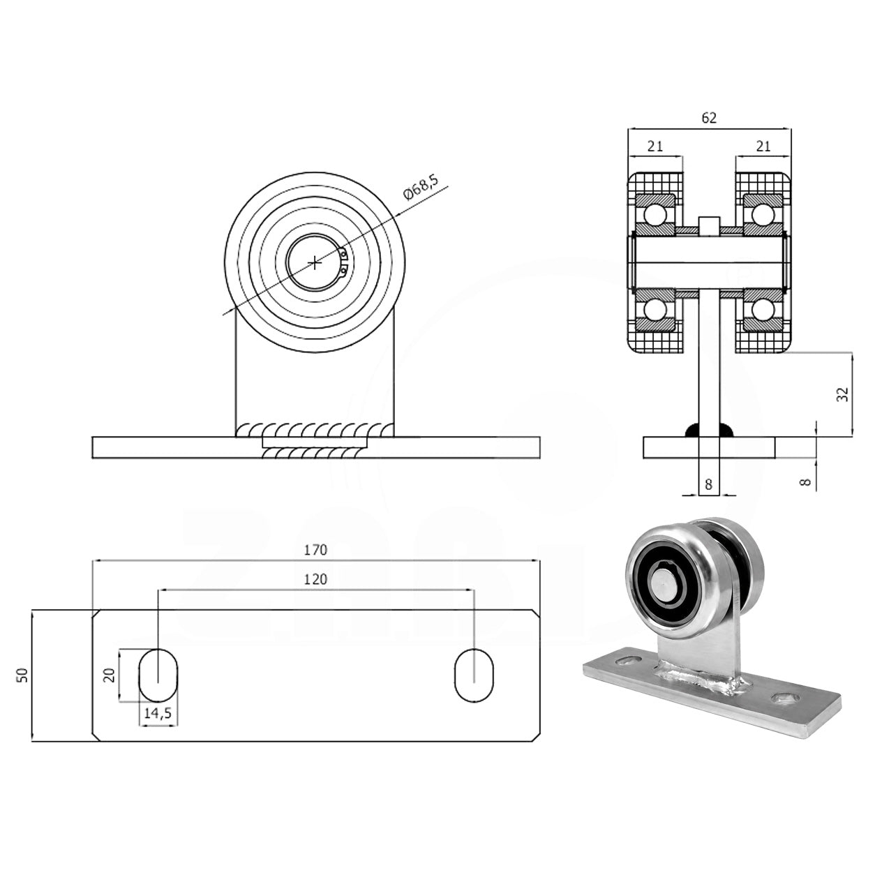 Torwagen für Schiebetore - für Profile 80 x 80 mm - Wandstärke 5 mm: 2M-80