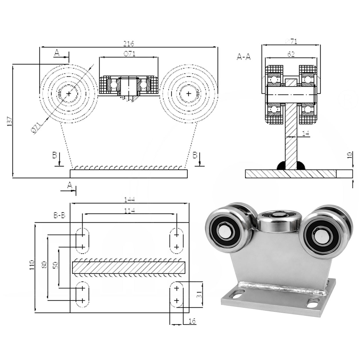 Torwagen für Schiebetore - für Profile 80 x 80 mm - Wandstärke 4 mm: 5MM-80/4
