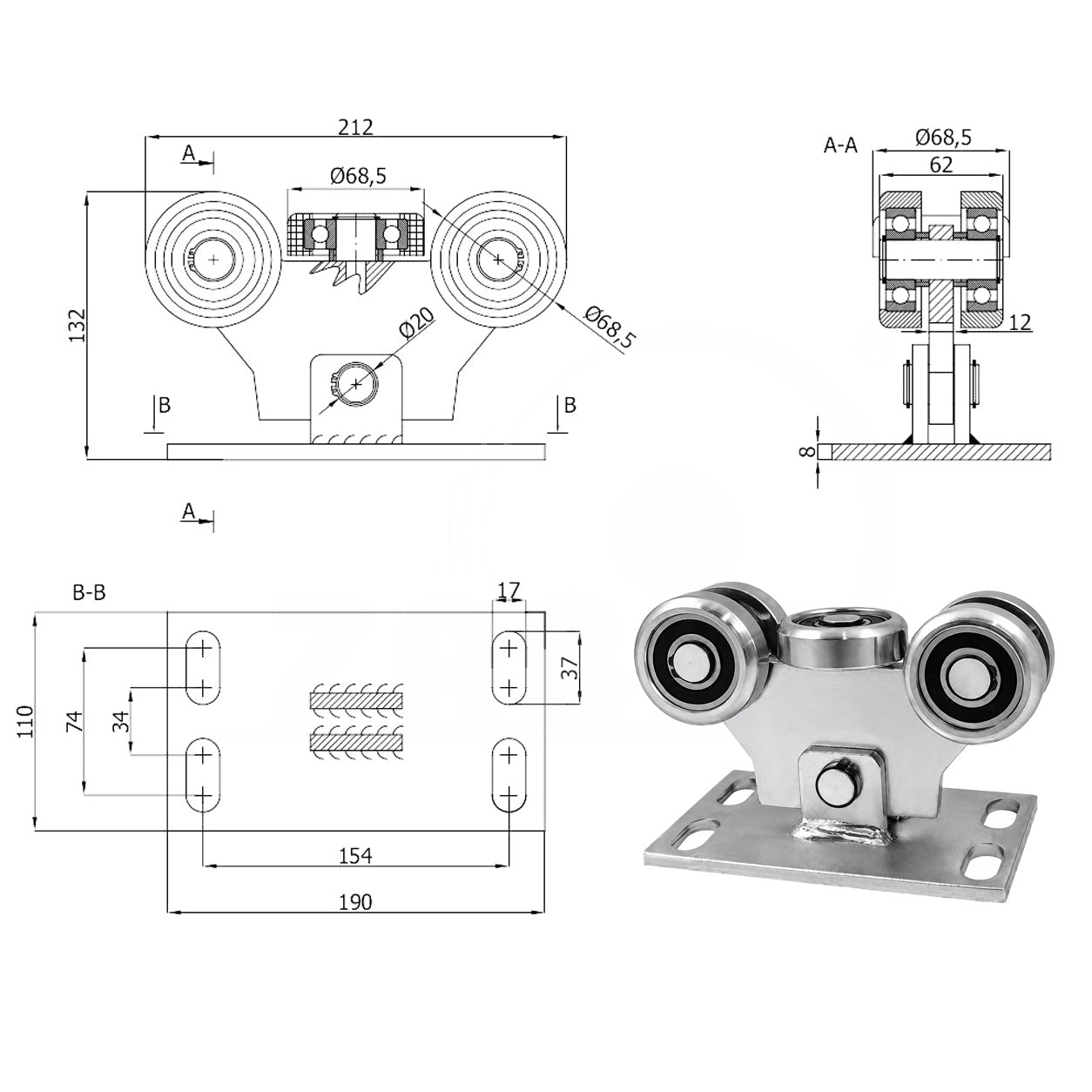 Torwagen für Schiebetore - für Profile 80 x 80 mm - Wandstärke 5 mm: W-5MM-80M