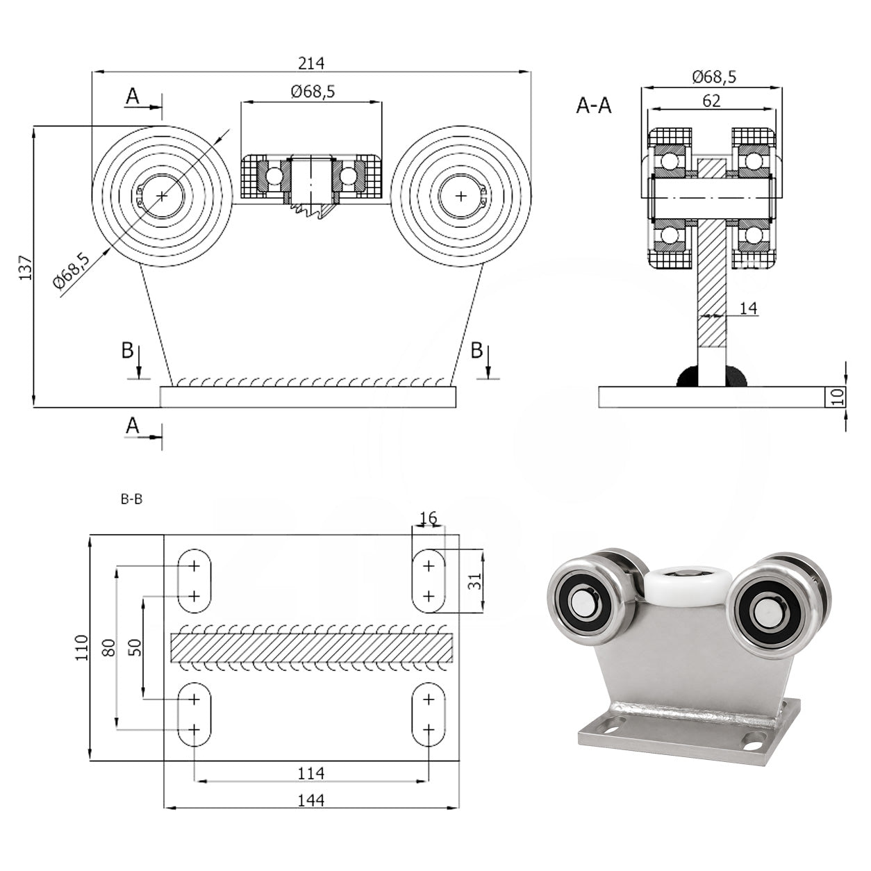 Torwagen für Schiebetore - für Profile 80 x 80 mm - Wandstärke 5 mm: 5M-80