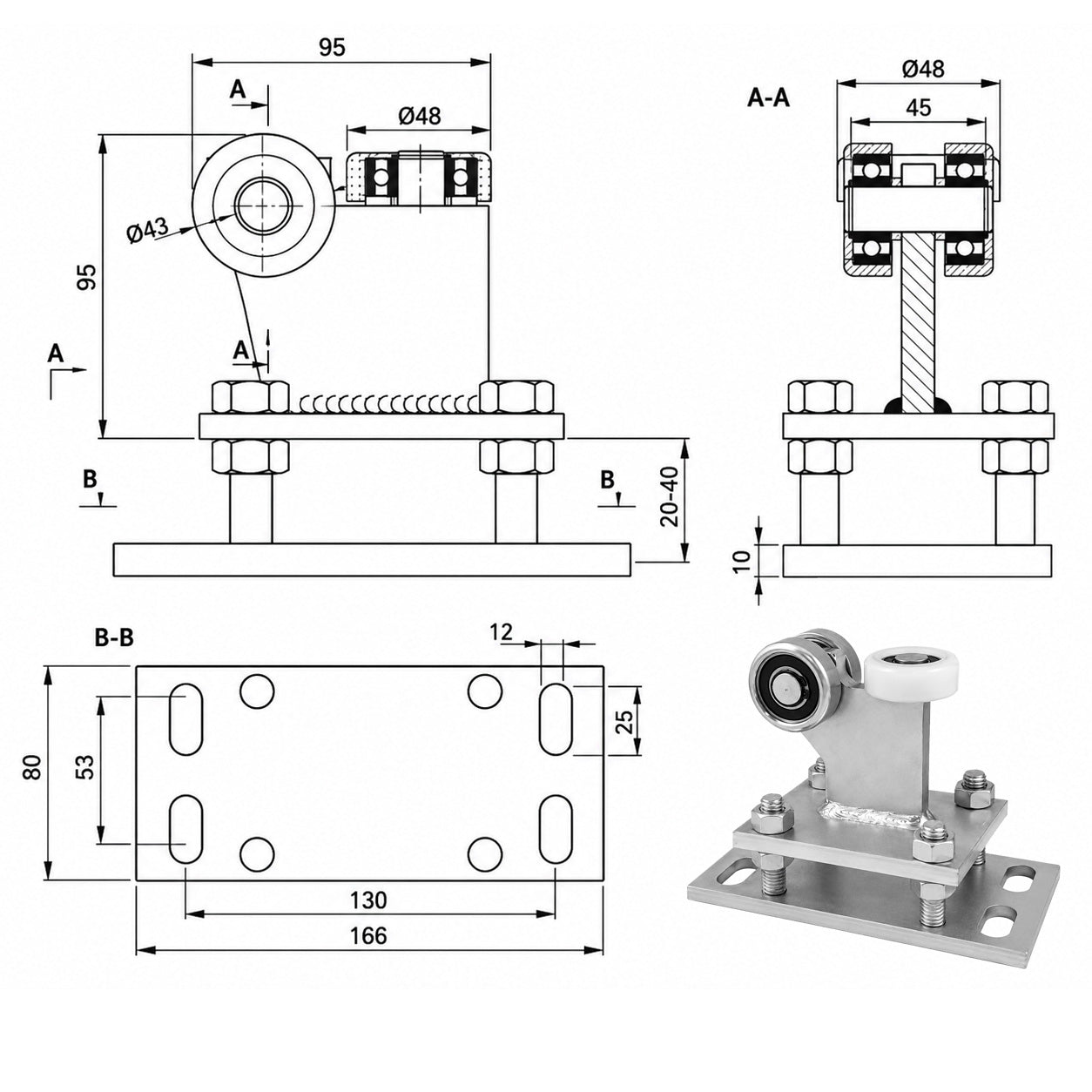 Torwagen für Schiebetore - für Profile 50x55 mm - Wandstärke 2,5 mm: R-3M-50/55