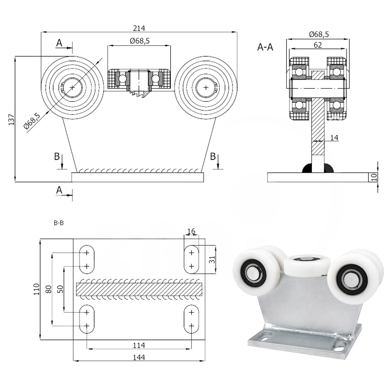 Torwagen für Schiebetore - für Profile 80 x 80 mm - Wandstärke 5 mm: 5T-80