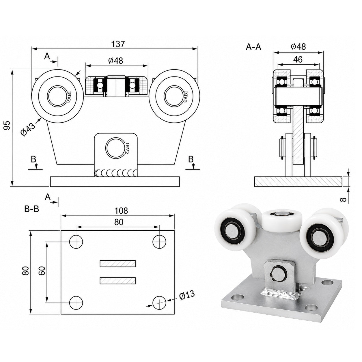 Torwagen für Schiebetore - für Profile 50x55 mm - Wandstärke 2,5 mm: W-5T-50/55