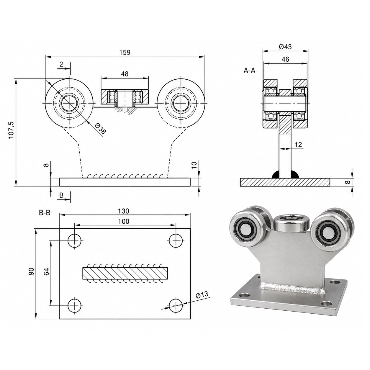 Torwagen für Schiebetore bis 180 °C – für Profile 60 × 60 mm – Wandstärke 4 mm: 5MM-60/4E