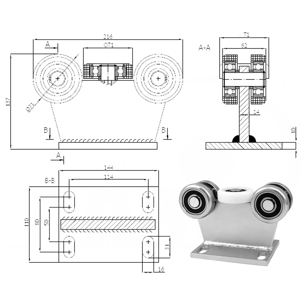 Torwagen für Schiebetore - für Profile 80 x 80 mm - Wandstärke 4 mm: 5M-80/4