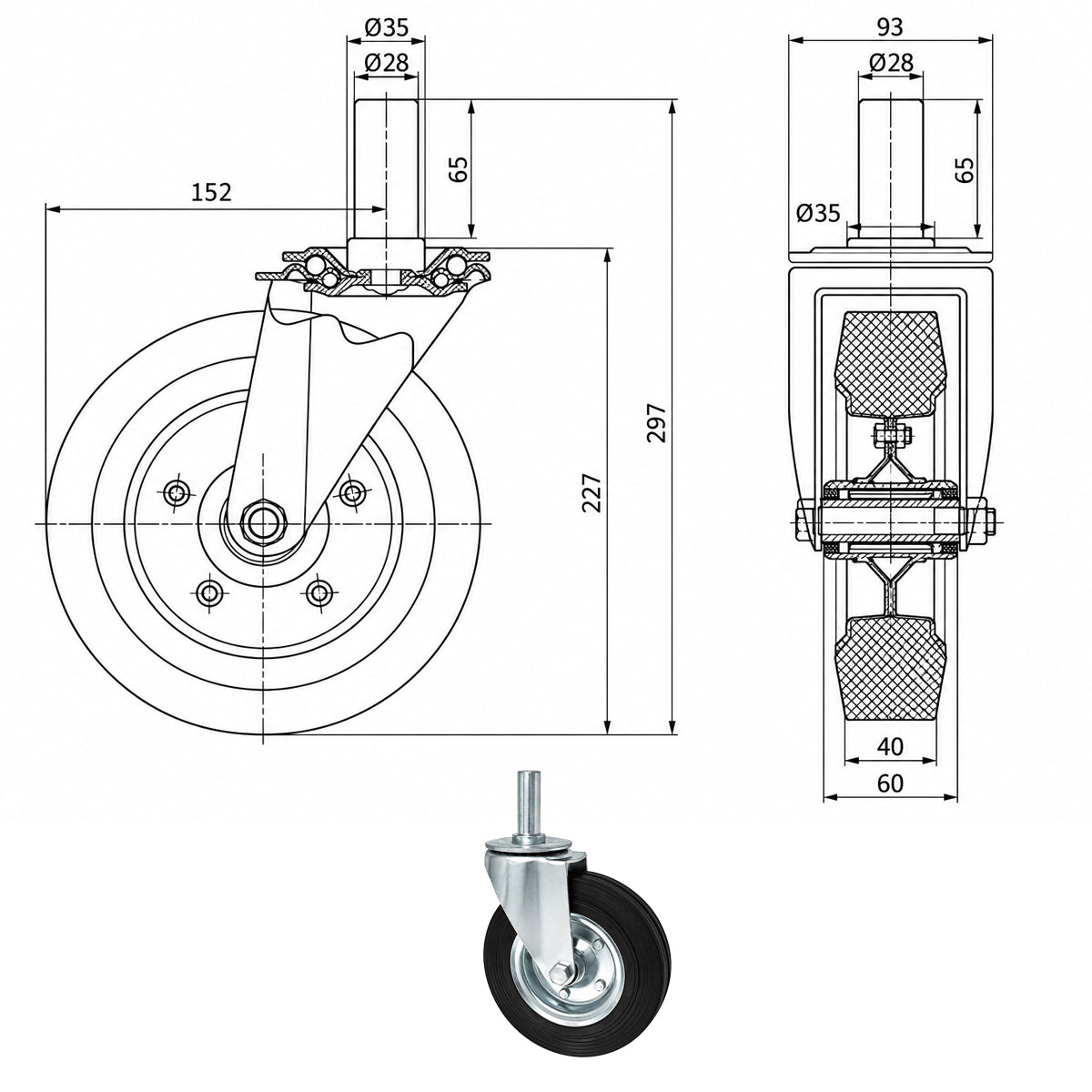 Metall-Gummiräder mit Befestigungsstift Lenkrollen  Ø200 mm Code: 64N*28