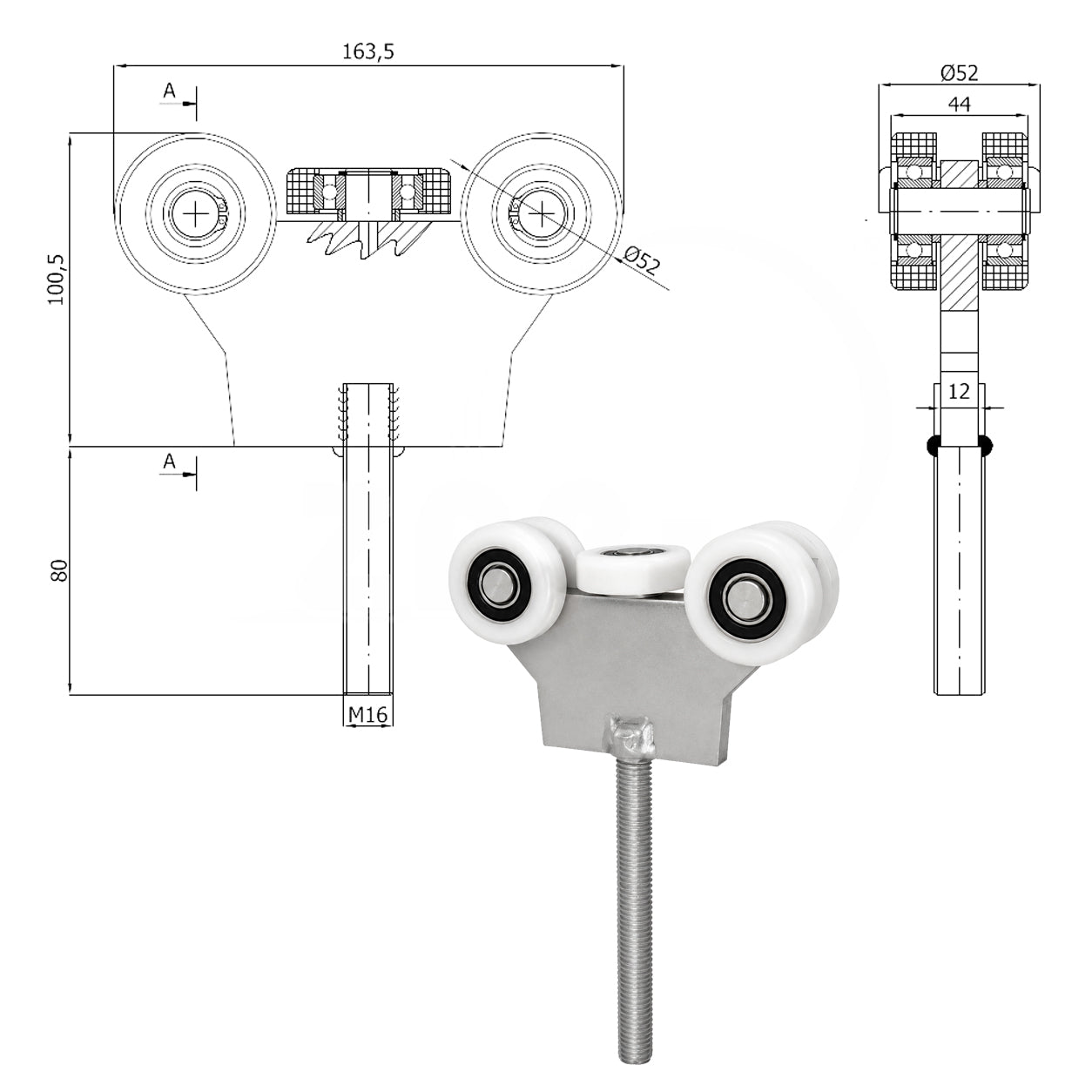 Torwagen für Schiebetore - für Profile 60 x 60 mm - Wandstärke 3 mm: G-5T-60/M16