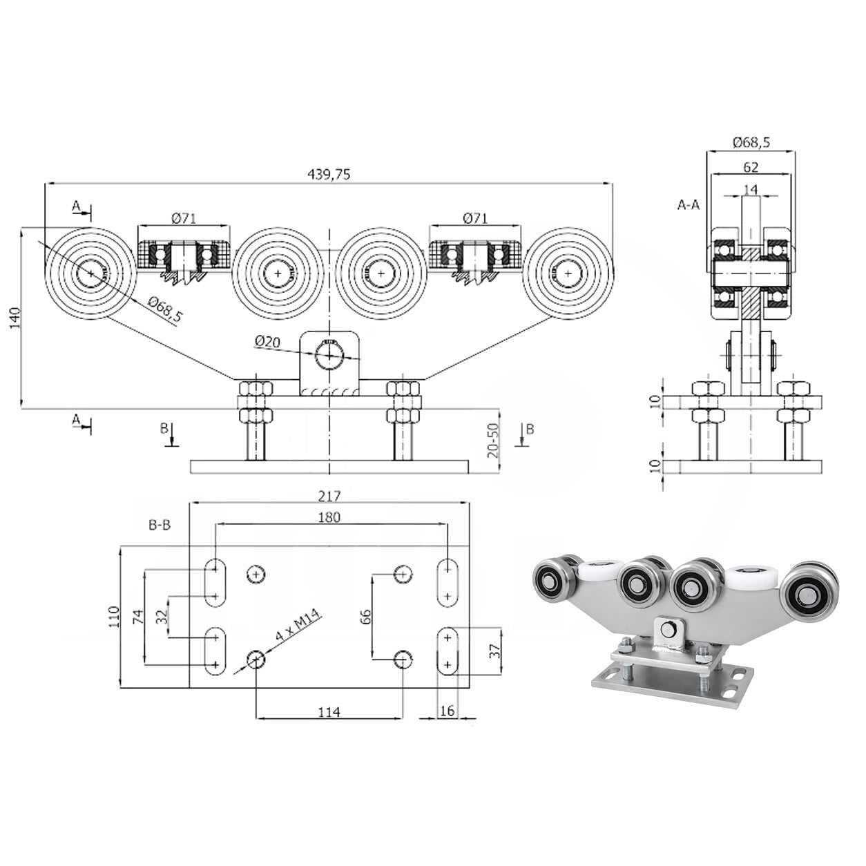 Torwagen für Schiebetore - für Profile 80 x 80 mm - Wandstärke 4 mm: WR-10M-80/4