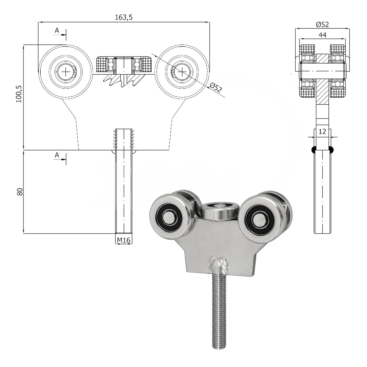 Torwagen für Schiebetore - für Profile 60 x 60 mm - Wandstärke 3 mm: G-5MM-60/M16