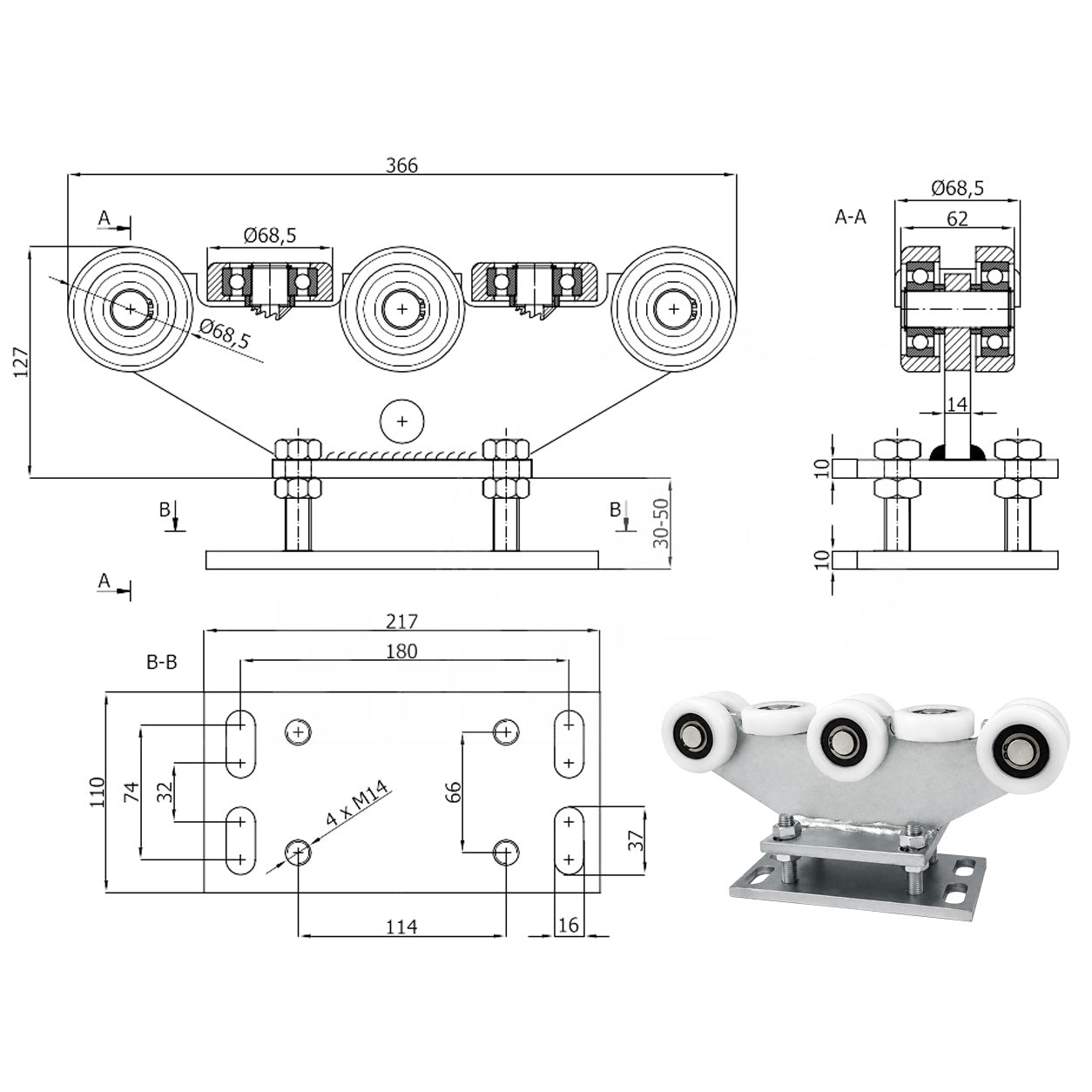 Torwagen für Schiebetore - für Profile 80 x 80 mm - Wandstärke 5 mm: R-8T-80
