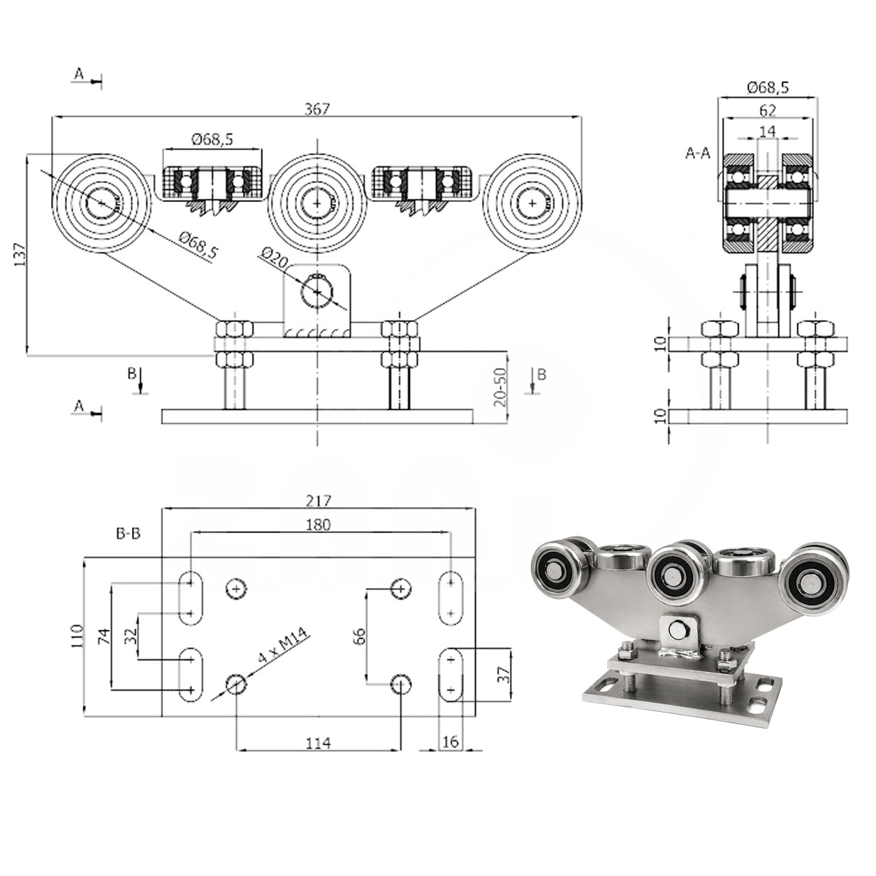 Torwagen für Schiebetore - für Profile 80 x 80 mm - Wandstärke 5 mm: WR-8MM-80