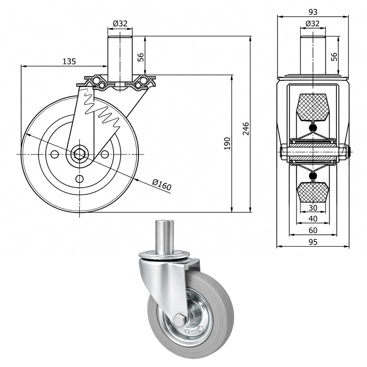 Metall-Gummiräder mit Befestigungsstift Lenkrollen Lenkrollen Ø160 mm Code: 44S*32