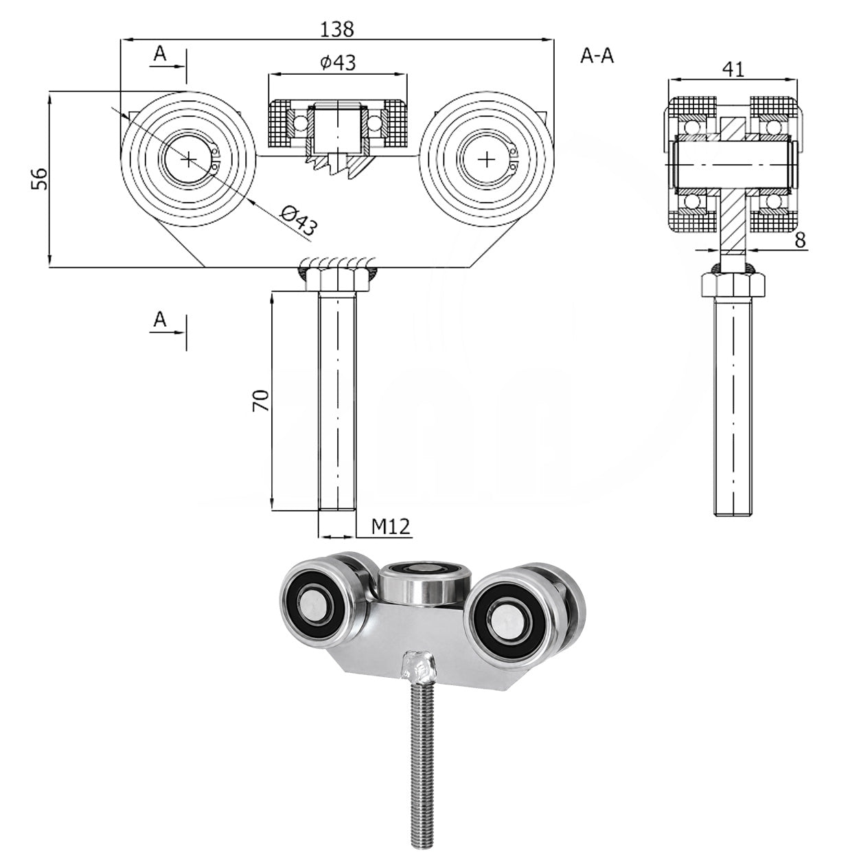 Torwagen für Schiebetore - für Profile 50x50 mm - Wandstärke 2,5 mm: G-5MM-50/M12