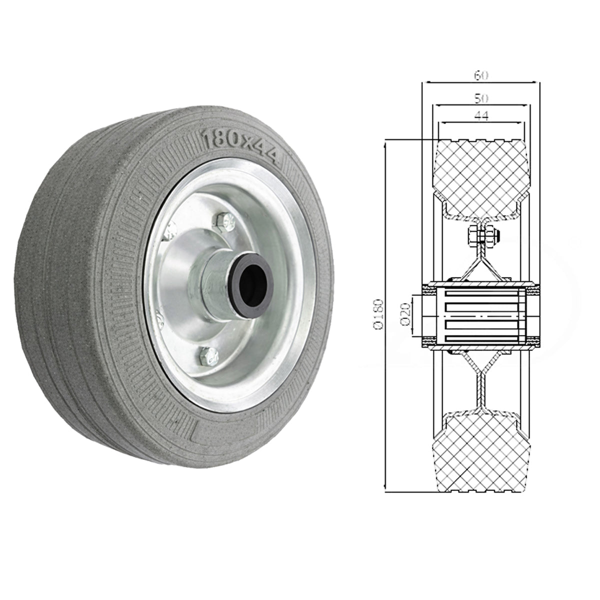 Ersatzrad Ø180 mm – Graues, nicht abfärbendes Vollgummi Industrierad für Transportwagen, Code: 50NS