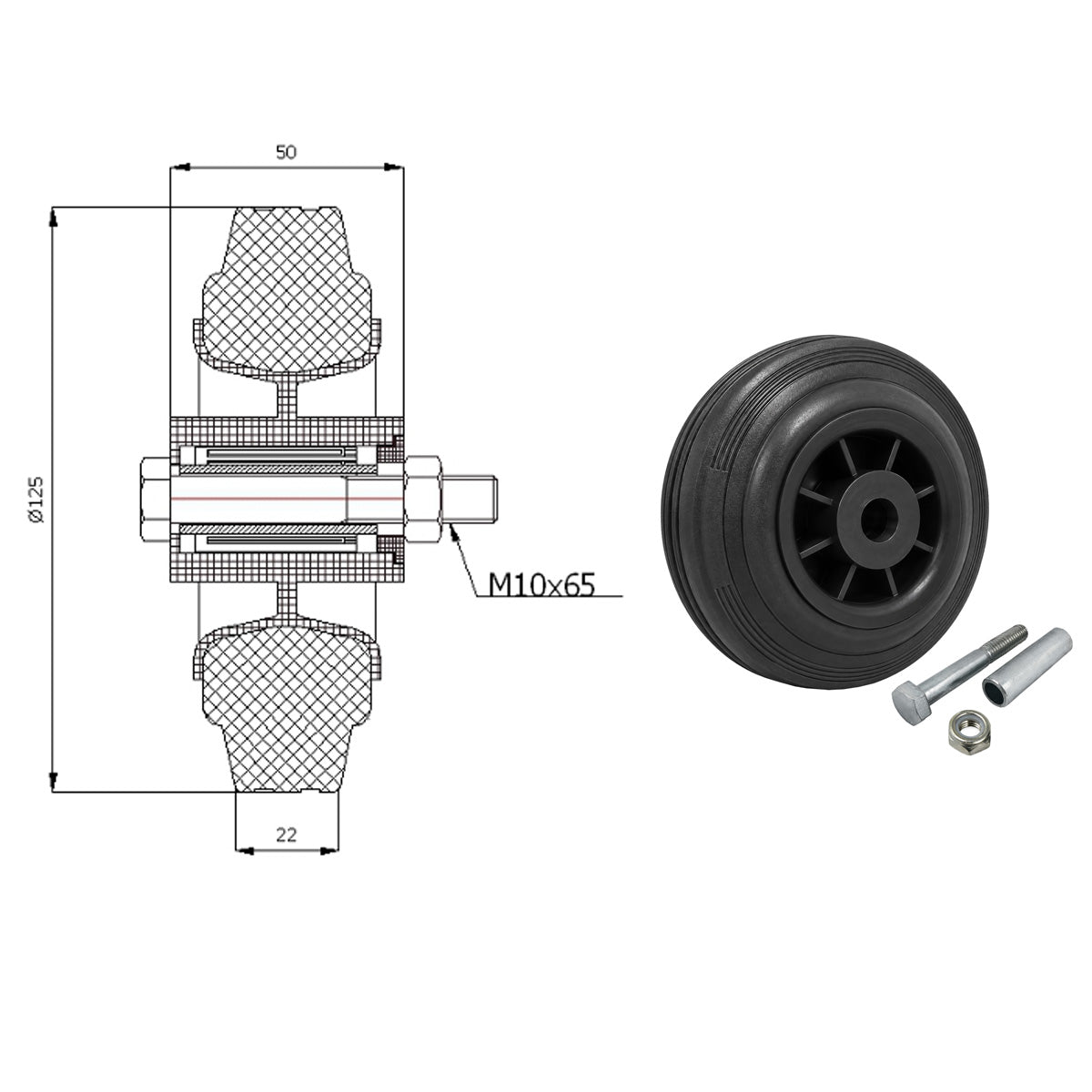 Kunststoff-Gummirrad Ø 125 mm Industrie Gummirad mit Montagesatz Code: 21T