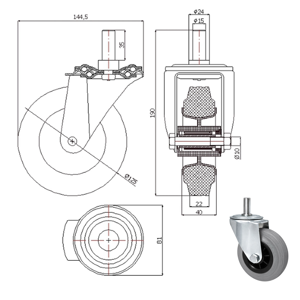 Kunststoff-Gummiräder mit Befestigungsstift Lenkrollen Ø125 mm Code: 24MTS*15