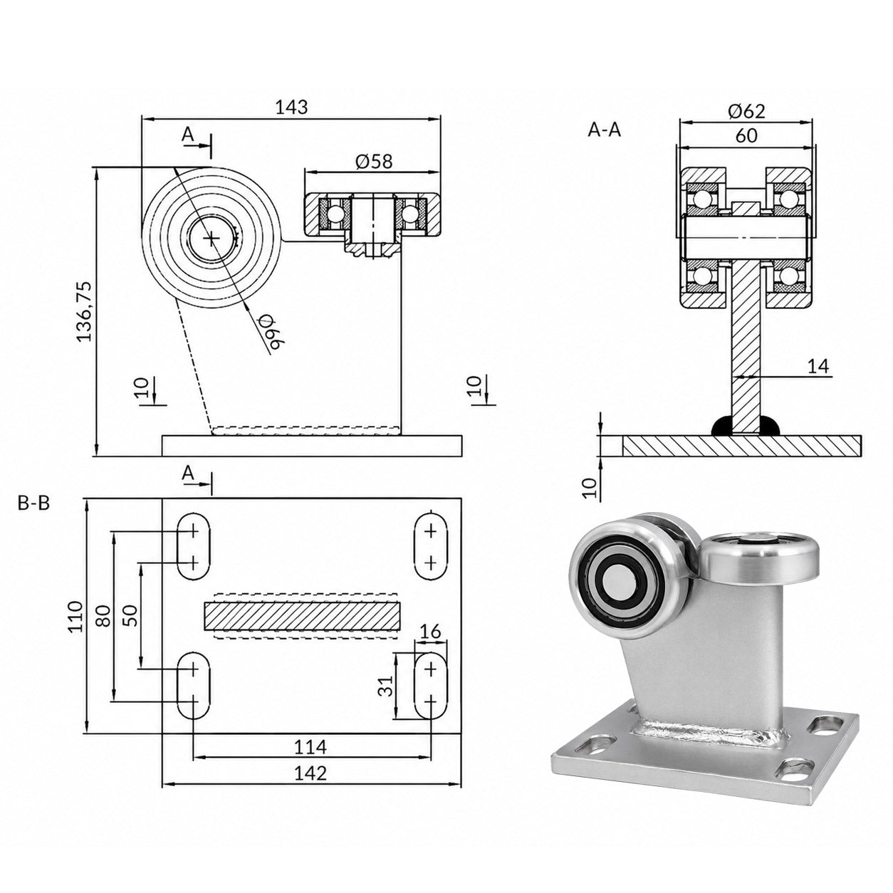 Torwagen für Schiebetore bis 180 °C – für Profile 80 × 80 mm – Wandstärke 5 mm: 3MM-80E