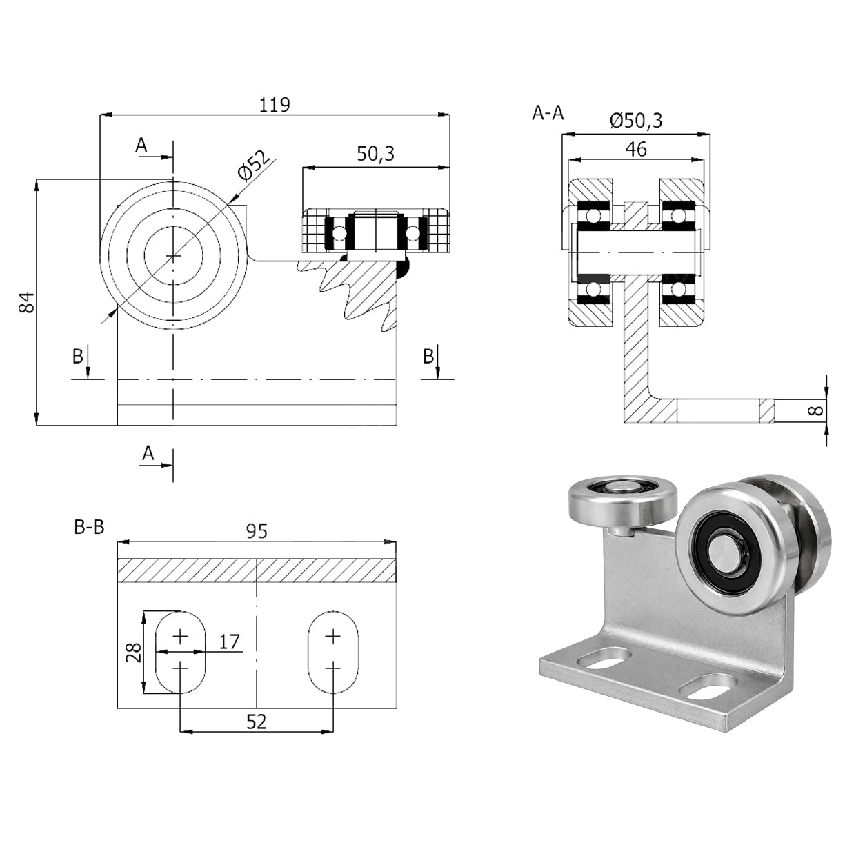 Torwagen für Schiebetore - für Profile 60 x 60 mm - Wandstärke 4 mm: P-3M-60/4