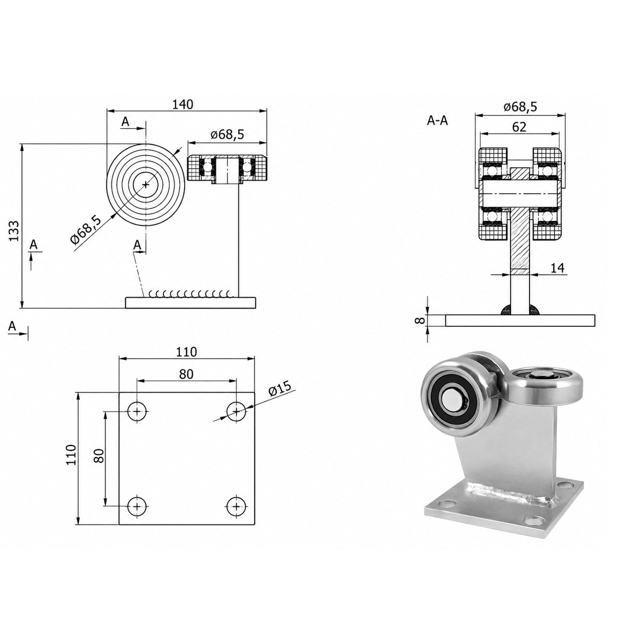 Torwagen für Schiebetore - für Profile 80 x 80 mm - Wandstärke 5 mm: 3MM-80M