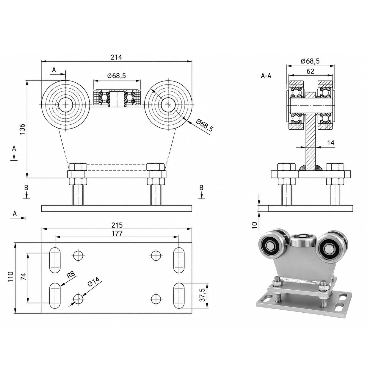 Torwagen für Schiebetore - für Profile 80 x 80 mm - Wandstärke 5 mm: R-5MM-80