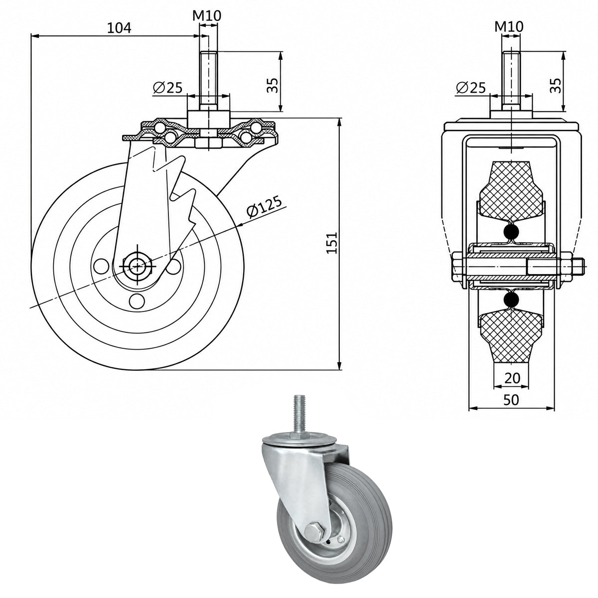 Metall-Gummiräder mit Befestigungsstift Lenkrollen Lenkrollen Ø125 mm Code: 24MS*M10