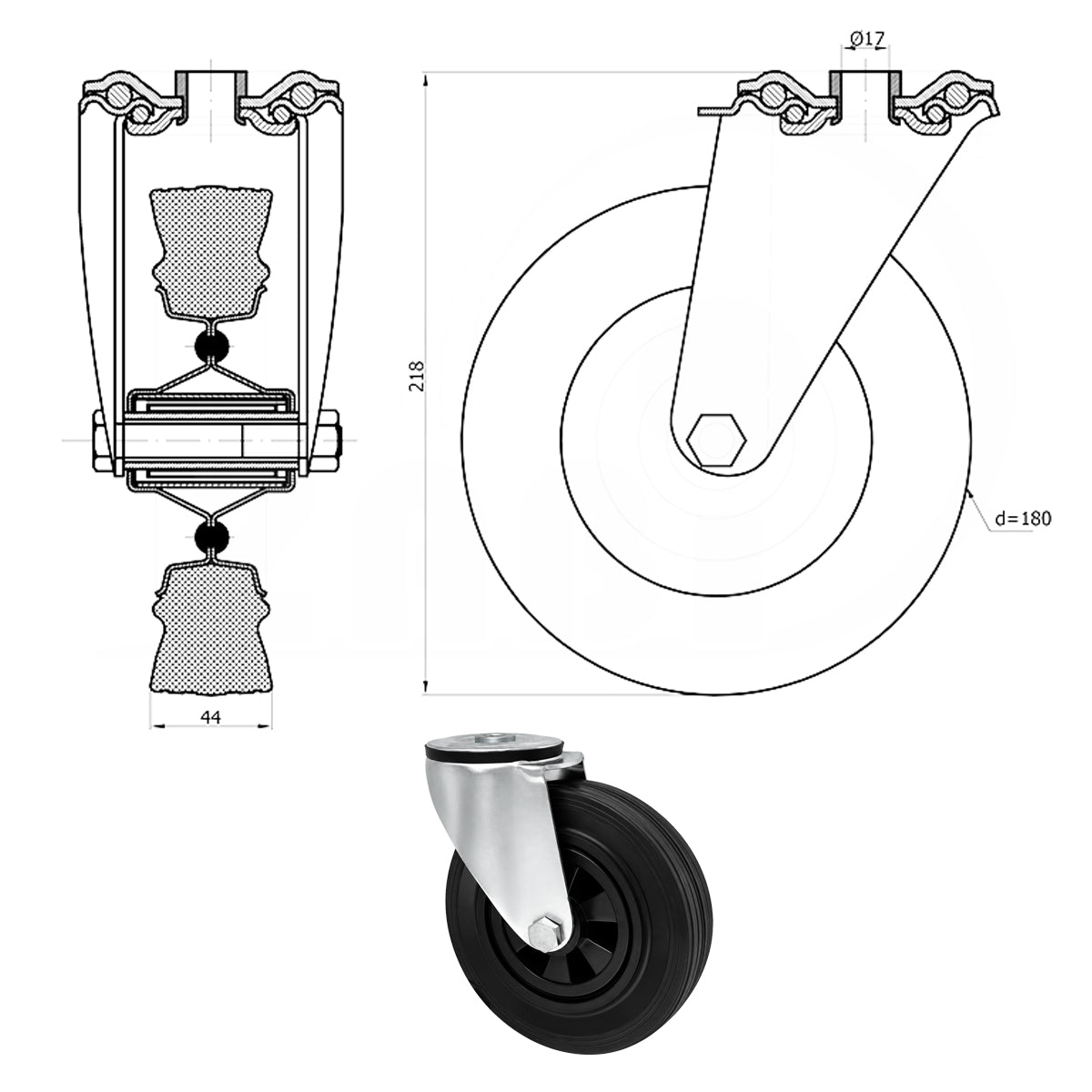 Kunststoff-Gummiräder mit Befestigungsstift mit Zentralbohrung Ø180 mm Code: 57T