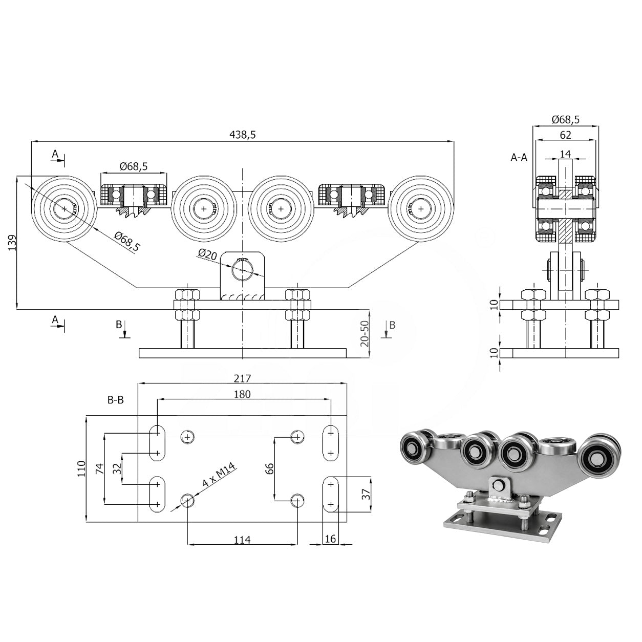 Torwagen für Schiebetore - für Profile 80 x 80 mm - Wandstärke 5 mm: WR-10MM-80
