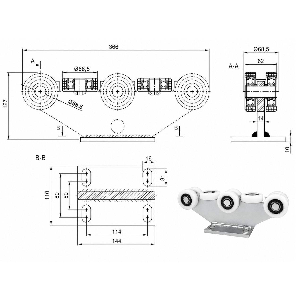 Torwagen für Schiebetore - für Profile 80 x 80 mm - Wandstärke 5 mm: 8T-80