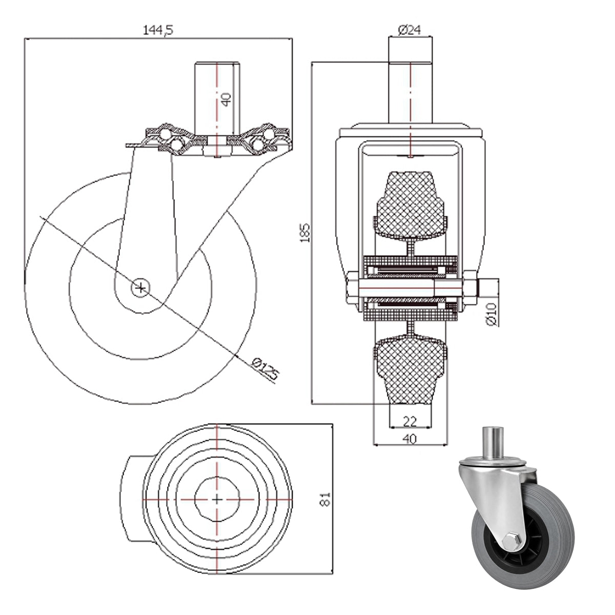 Kunststoff-Gummiräder mit Befestigungsstift Lenkrollen Ø125 mm Code: 24MTS*24