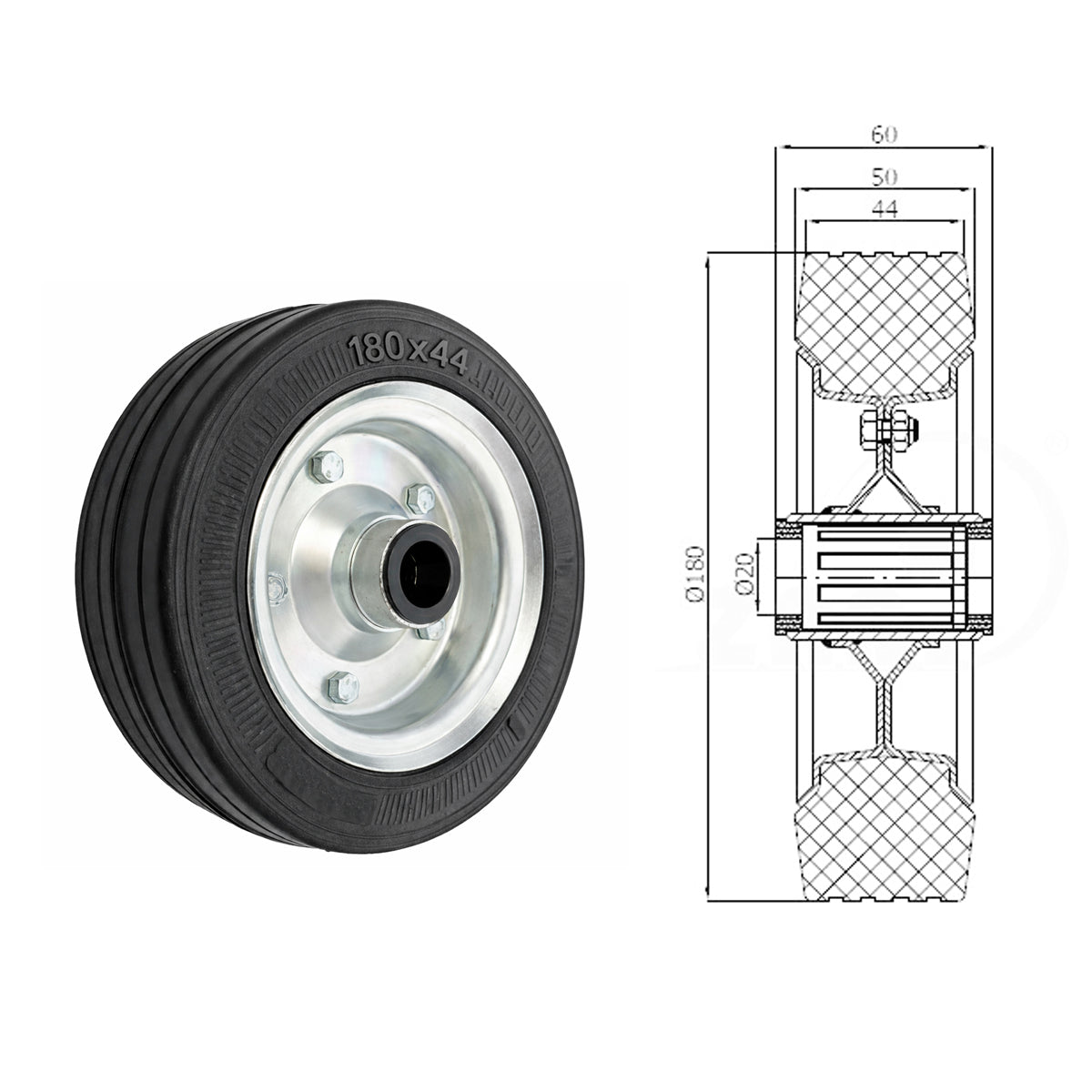 Ersatzrad Ø180 mm – Vollgummi Industrierad für Transportwagen, Code: 50N