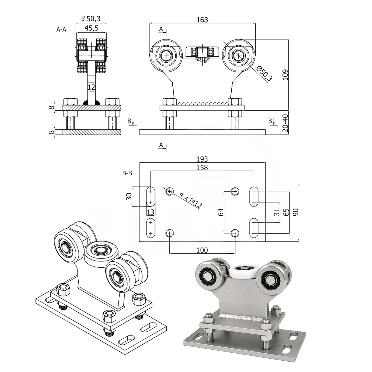Torwagen für Schiebetore - für Profile 60 x 60 mm - Wandstärke 4 mm: R-5MM-60/4