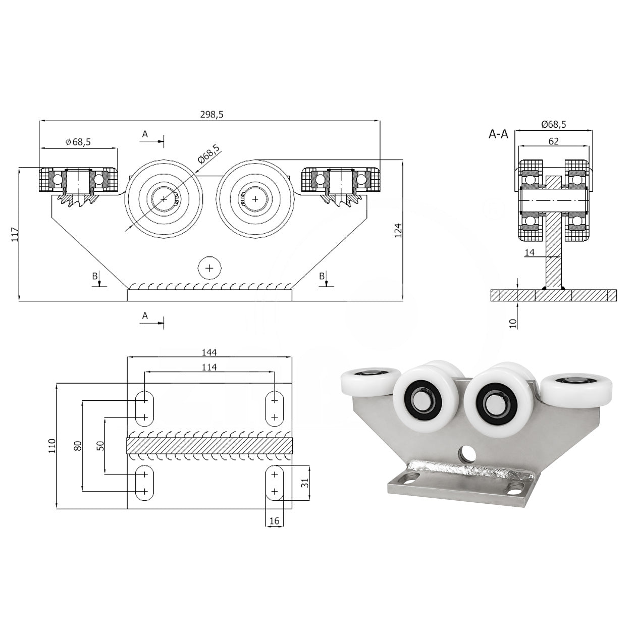 Torwagen für Schiebetore - für Profile 80 x 80 mm - Wandstärke 5 mm: 6T-80