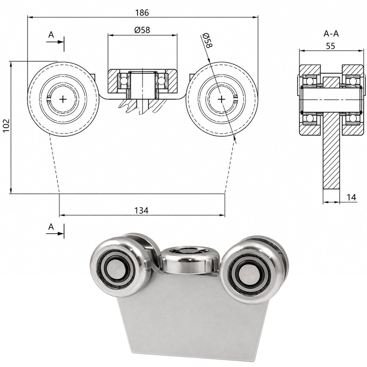 Torwagen für Schiebetore bis 180 °C – für Profile 70 × 70 mm – Wandstärke 4 mm: G-5MM-70E
