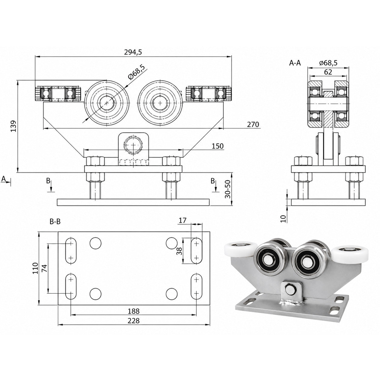 Torwagen für Schiebetore - für Profile 80 x 80 mm - Wandstärke 5 mm: W-6M-80