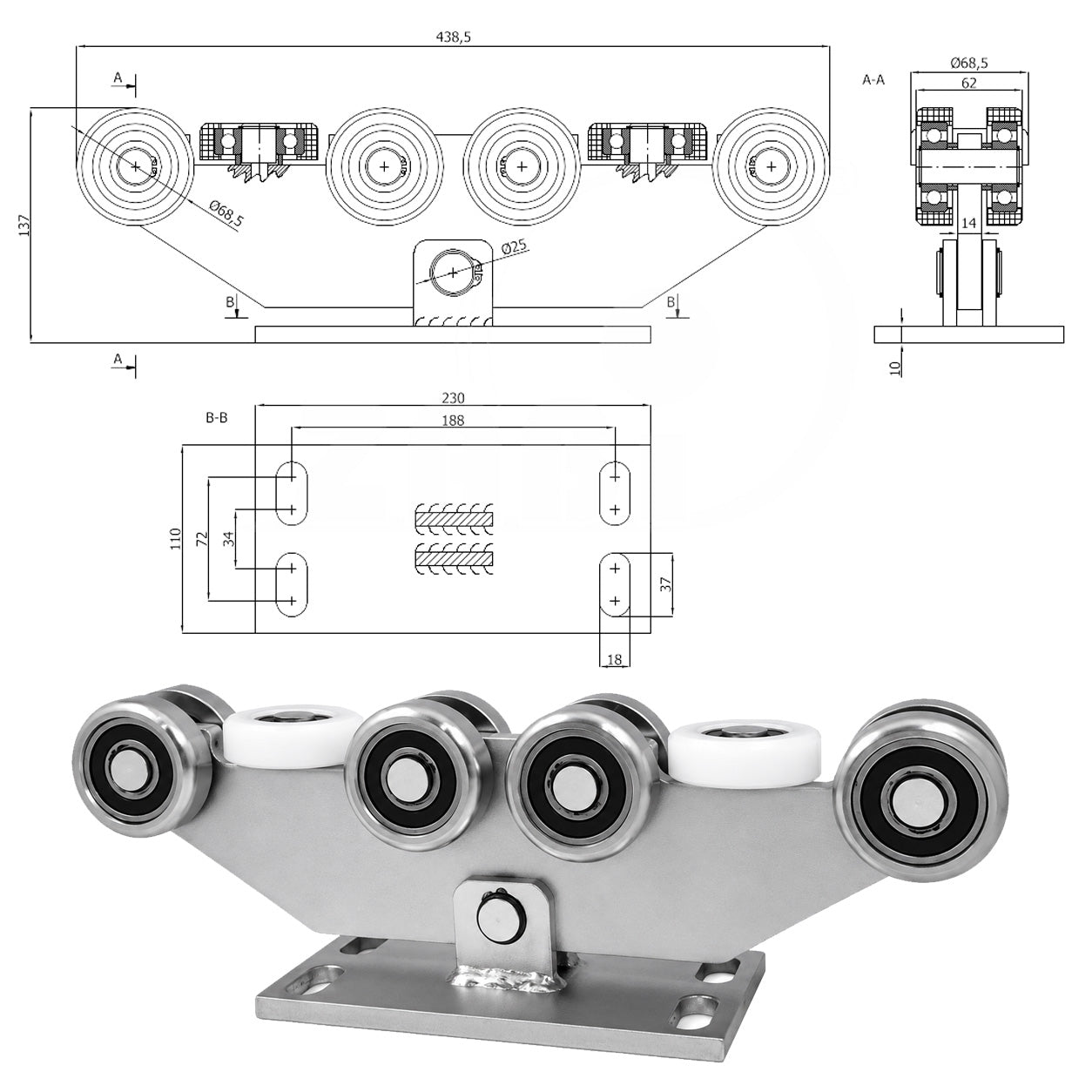 Torwagen für Schiebetore - für Profile 80 x 80 mm - Wandstärke 5 mm: W-10M-80