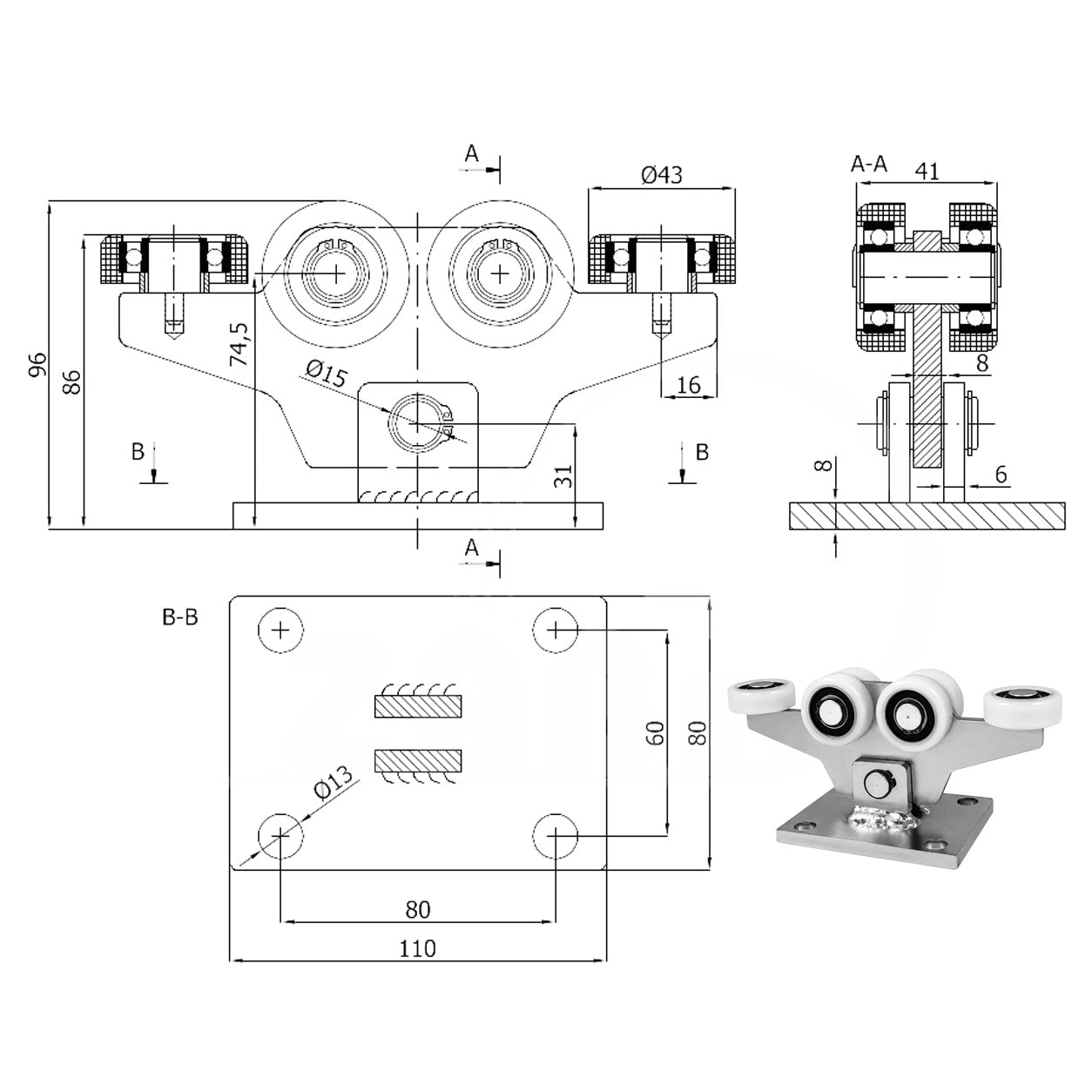 Torwagen für Schiebetore - für Profile 50x50 mm - Wandstärke 2,5 mm: W-6T-50