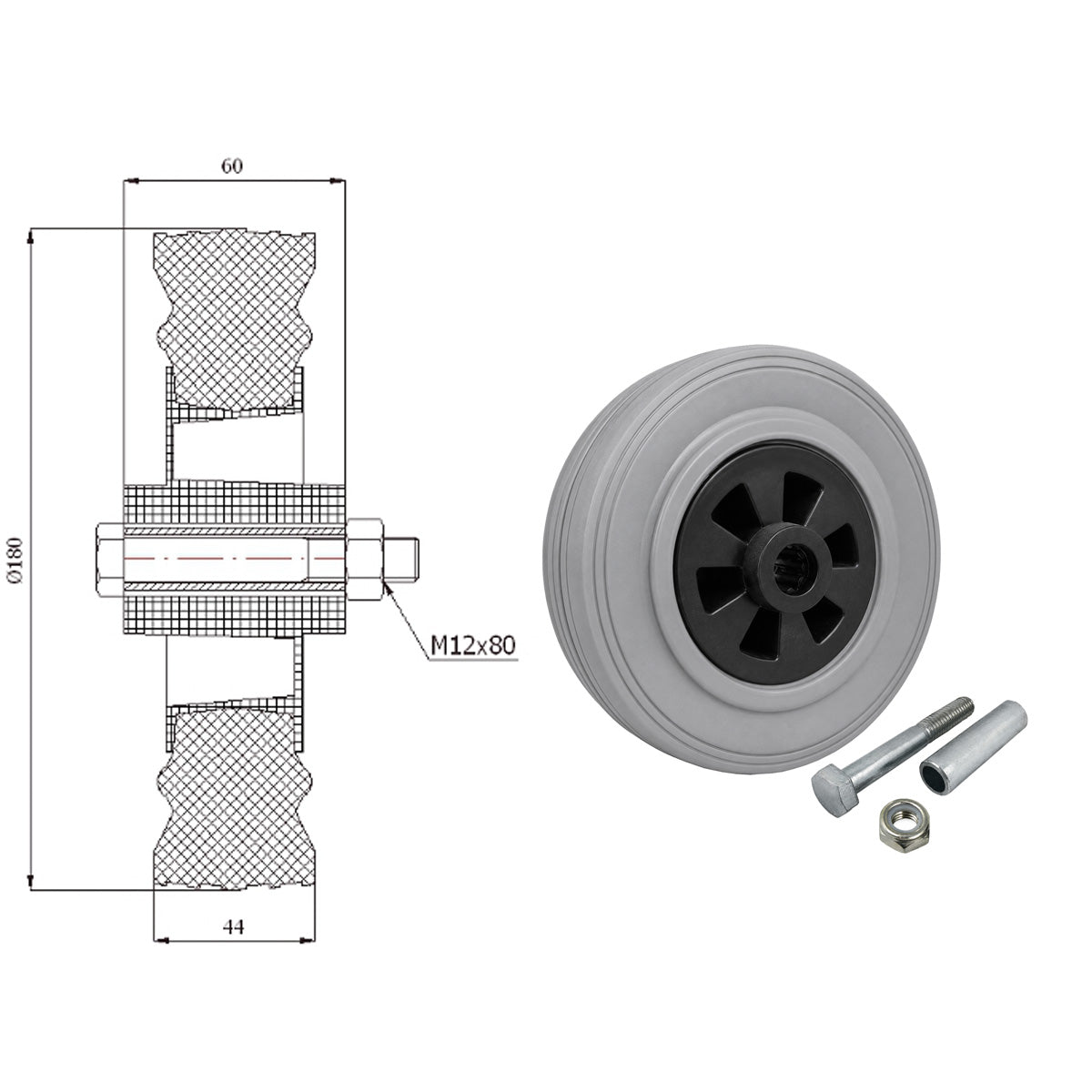 Kunststoff-Gummirrad Ø 180 mm Industrie Gummirad mit Montagesatz Code: 51TS