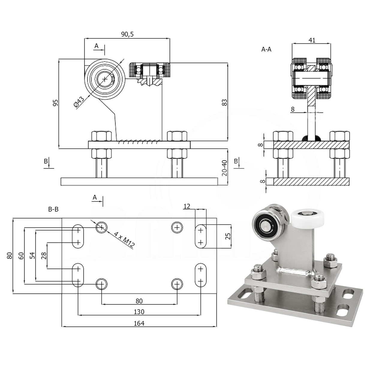 Torwagen für Schiebetore - für Profile 50x50 mm - Wandstärke 2,5 mm: R-3M-50