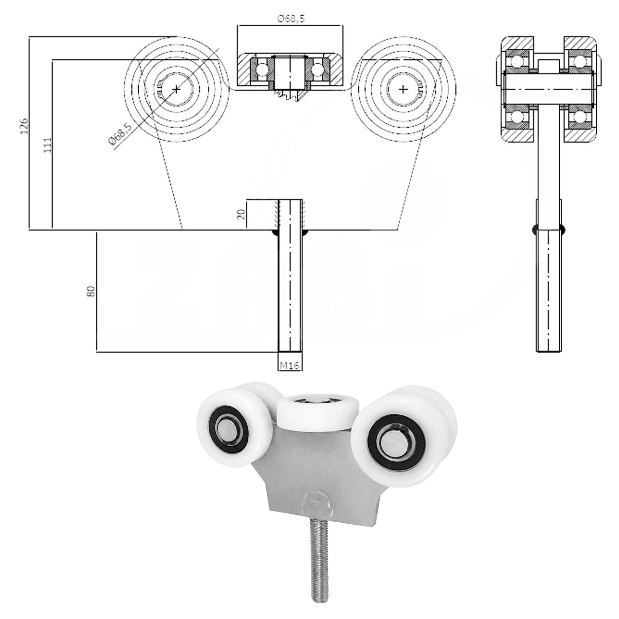 Torwagen für Schiebetore - für Profile 80 x 80 mm - Wandstärke 5 mm: G-5T-80/M16