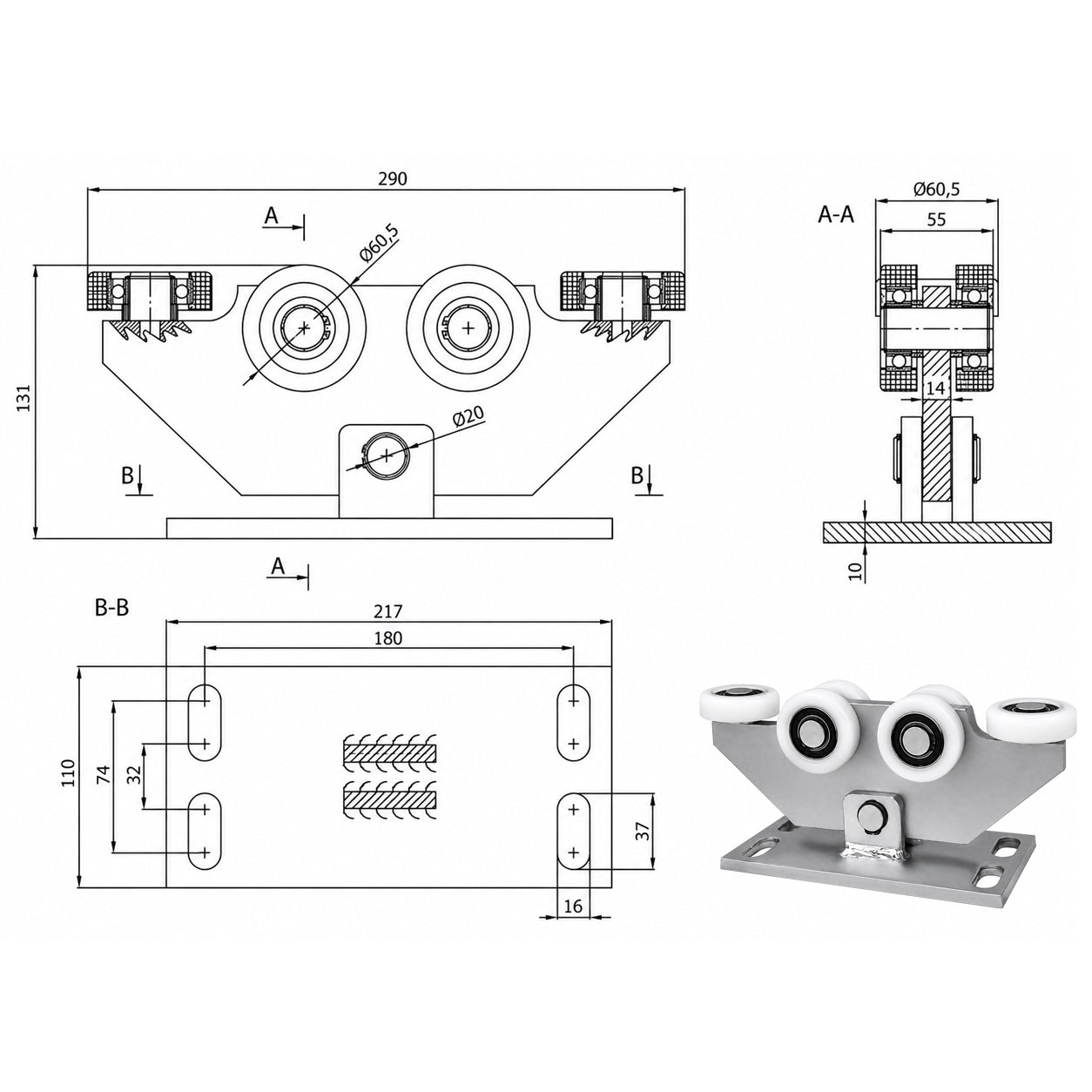 Torwagen für Schiebetore - für Profile 70 x 70 mm - Wandstärke 4 mm: W-6T-70