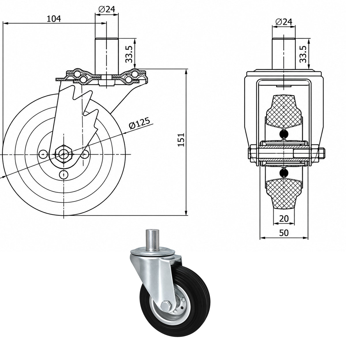 Metall-Gummiräder mit Befestigungsstift Lenkrollen Lenkrollen Ø125 mm Code: 24M*24